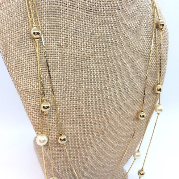 3/$30 VINTAGE 80S MULTI STRAND PEARL GOLD TONE BALL CHAIN NECKLACE LAYERED - Picture 12 of 13